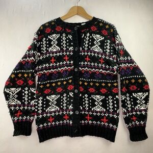 Vintage Nordic Fair Isle Chunky Knit Cardigan Black‎ Multicolor Size L